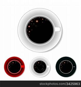 Coffee cup from above, white, white with herat shape, red and black, vector illustration