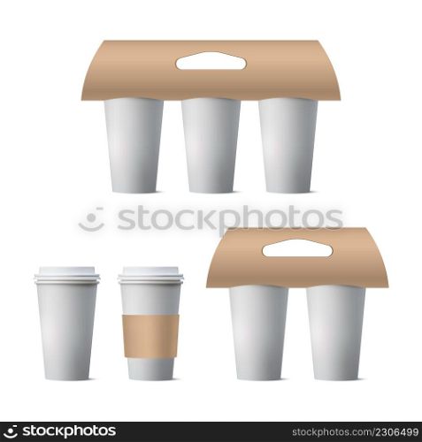 Coffee cup holder set mockup isolated on white background, vector illustration