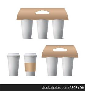 Coffee cup holder set mockup isolated on white background, vector illustration