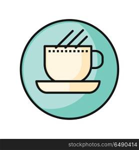 Coffee Cup Icon. Coffee cup icon. White cup on blue background. Coffee hot drinking cup. Coffee time, break time concept. Hot drink blue icon. Idea concept. Round line icon. Vector illustration.