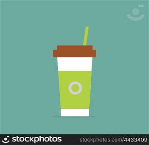Coffee Cup Icon. Disposable coffee cup icon with coffee logo and with the green label. Coffee to go. Vector illustration