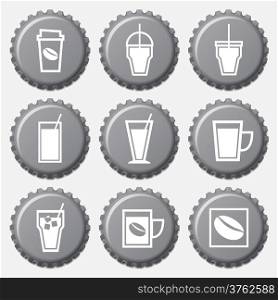 Coffee cup icon on bottle caps set, vector illustration