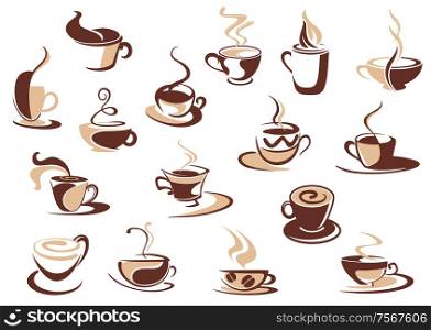 Coffee cup icons in shades of brown with doodle sketches of steaming cups of coffee, cappuccino and espresso