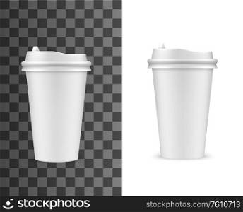 Coffee cup mockup, fast food drink paper cup with plastic lid, vector realistic template. Fastfood cafe takeaway plastic or paper coffee cup, blank white hot drinks package with sipping lid. Coffee cup mockup, fast food drink paper cup