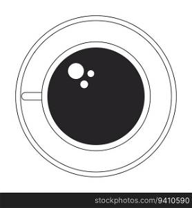 Coffee cup on plate top view flat monochrome isolated vector object. Fragrant morning beverage. Editable black and white line art drawing. Simple outline spot illustration for web graphic design. Coffee cup on plate front view flat monochrome isolated vector object