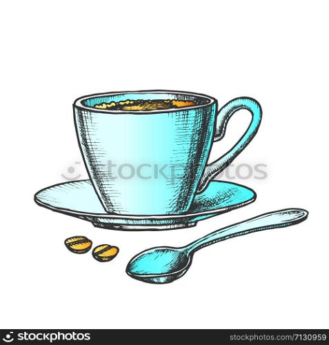 Coffee Cup On Saucer With Spoon Color Vector. Energy Espresso In Mug And Coffee Grains. Morning Hot Drink Engraving Concept Template Hand Drawn In Vintage Style Illustration. Coffee Cup On Saucer With Spoon Color Vector