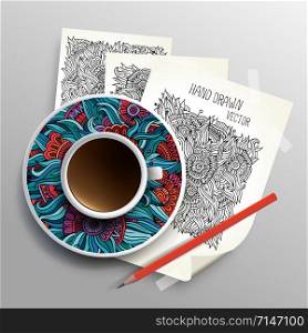 Coffee cup on sketches concept idea, Vector illustration modern template design. Coffee cup on sketches concept idea