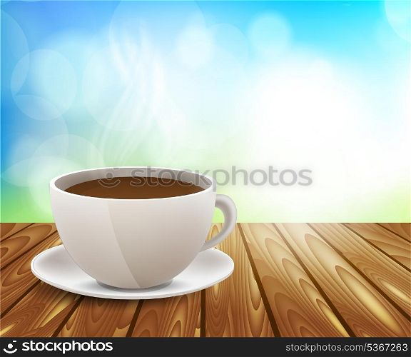 Coffee cup on wooden table. Bright illustration