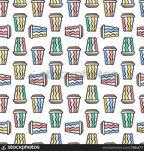 Coffee cup pattern. Vector seamless pattern with various disposable cups of coffee to go. Hand drawn doodle background.