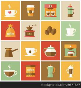 Coffee cup pot energetic drink icons flat set isolated vector illustration.