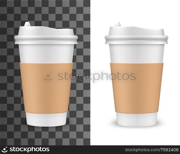 Coffee cup, realistic 3D blank mockup template. Vector isolated tea or coffee cup with safety sip lid and cardboard sleeve holder, cafe hot drinks disposable package, takeaway container. Realistic vector coffee cup, tea plastic 3D mockup