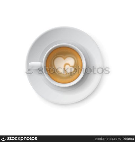 Coffee cup. Realistic white mug with hot caffeine drink and hearts of foam. Latte art mockup. Top view of isolated porcelain tableware with morning beverage. Cafe menu element. Vector tasty cappuccino. Coffee cup. Realistic white mug with hot caffeine drink and hearts of foam. Latte art mockup. Top view of porcelain tableware with morning beverage. Cafe menu element. Vector cappuccino