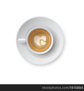 Coffee cup. Realistic white mug with hot caffeine drink and hearts of foam. Latte art mockup. Top view of isolated porcelain tableware with morning beverage. Cafe menu element. Vector tasty cappuccino. Coffee cup. Realistic white mug with hot caffeine drink and hearts of foam. Latte art mockup. Top view of porcelain tableware with morning beverage. Cafe menu element. Vector cappuccino