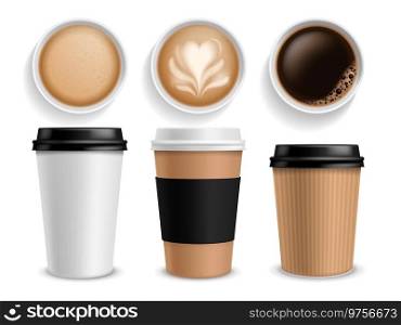 Coffee cup. Takeaway paper cups side and top view espresso and latte or cappuccino, morning aroma drink in cafe, breakfast hot beverage in white and brown package mockup vector isolated realistic set. Coffee cup. Takeaway paper cups side and top view espresso and latte or cappuccino, morning drink in cafe, hot beverage in white and brown package mockup vector isolated realistic set