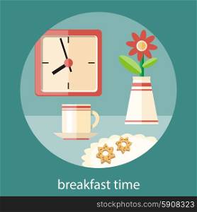 Coffee cup, vase with a flower and plate of cookies on table. Breakfast time clock concept in flat design