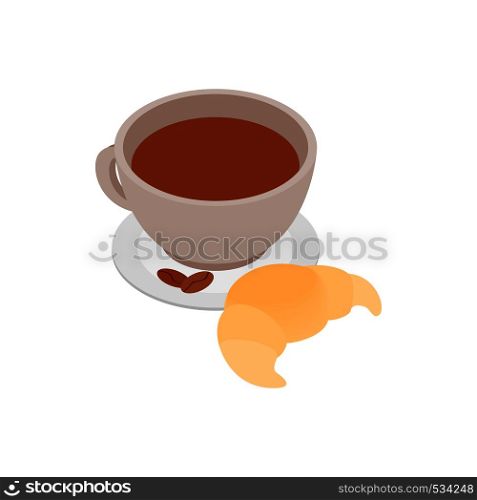 Coffee cup with a croissant icon in isometric 3d style on a white background. Coffee cup with a croissant icon