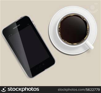 coffee cup with abstract tablet vector illustration on business theme