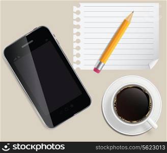 coffee cup with abstract tablet vector illustration on business theme