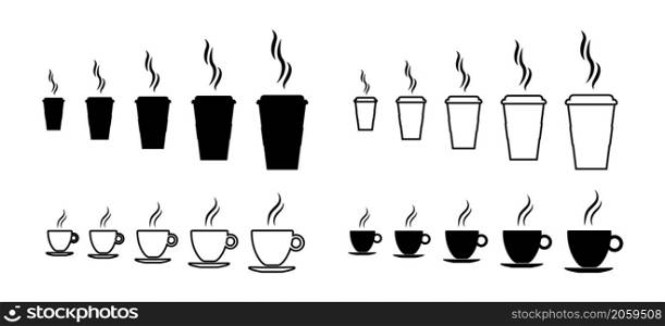 Coffee cup with different size. Small, medium and large icon of cup coffee. Hot drink with smoke. Vector icon of espresso, americano, latte, cappuccino. For breakfast, morning and takeaway.