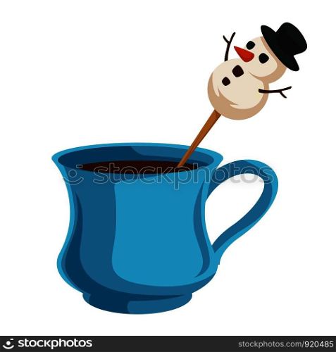 Coffee cup with snowman on stick Christmas atmosphere mug of energetic drink winter holiday decoration character in hat with carrot and buttons hot tasty beverage in dishware vector illustration. Coffee cup with snowman on stick, Christmas atmosphere