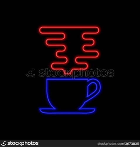 Coffee cup with steam neon sign. Bright glowing symbol on a black background. Neon style icon.