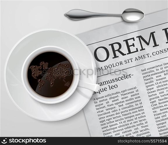 Coffee cup with world map inside and spoon on newspaper morning breakfast concept vector illustration
