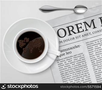 Coffee cup with world map inside and spoon on newspaper morning breakfast concept vector illustration