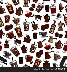 Coffee cups and coffee makers seamless background. Wallpaper with vector pattern icons of vintage coffee mill, turkish cezve, espresso machine, retro coffee grinder, moka pot, macchinetta, milk pack, coffee beans, nut syrup. Cups and coffee makers seamless background