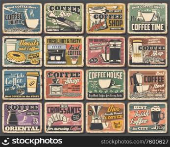 Coffee cups and espresso machine grunge posters of cafe vector design. Hot drink and beverage mugs with cappuccino, latte and mocha, coffee bean grinder, pot and paper cup, croissant, sugar and milk. Cafe posters of coffee drink cup, espresso machine