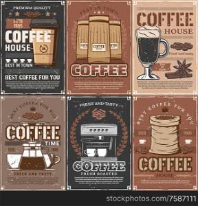 Coffee cups, beans and espresso machine, coffee pot, takeaway paper mug of cappucinno or latte and spices vintage posters. Vector design of cafe, coffeehouse and coffeeshop menu. Coffee cups, pot, espresso machine, roasted beans