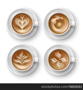 Coffee cups. Different realistic cappuccino drawings, top view porcelain pairs, hot drinks with foamed milk, latte and mocha. White mugs with plate, tableware with morning beverage vector isolated set. Coffee cups. Different realistic cappuccino drawings, top view porcelain pairs, hot drinks with foamed milk, latte and mocha. White mugs with plate, morning beverage vector isolated set