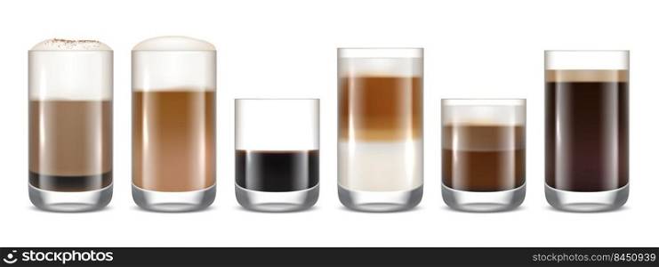 Coffee cups. Hot delicious drinks in transparent glasses beverage foam in mug espresso mocha americano coffee decent vector realistic template. Illustration of drink cup, hot cappuccino. Coffee cups. Hot delicious drinks in transparent glasses beverage foam in mug espresso mocha americano coffee decent vector realistic template
