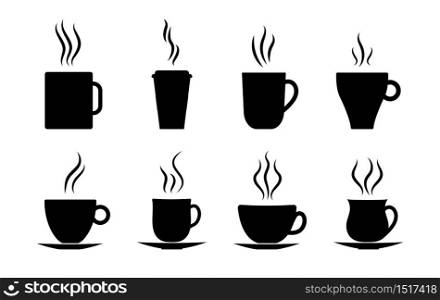 Coffee cups icon. Silhouette of hot tea, latte, espresso with steam. Cafe symbol. Mug coffee drink takeaway. Black graphic logo for restaurant. Break for aroma cappuccino. Simple set. Vector.. Coffee cups icon. Silhouette of hot tea, latte, espresso with steam. Cafe symbol. Mug coffee drink takeaway. Black graphic logo for restaurant. Break for aroma cappuccino. Simple set. Vector