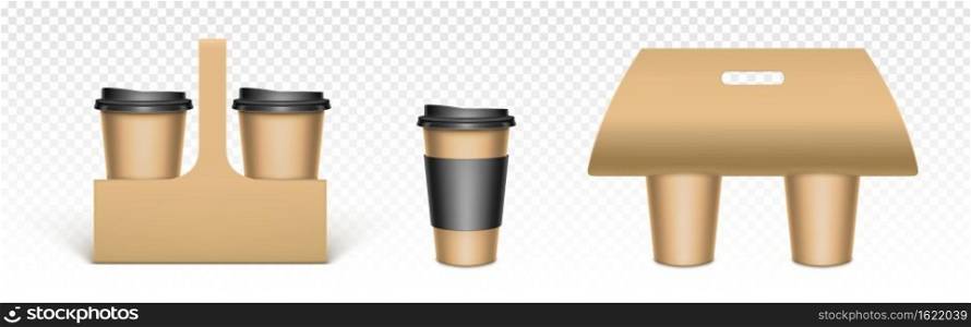Coffee cups in kraft paper holders. Cardboard packaging for take away hot drinks. Vector realistic mockup of blank brown carriers for disposable tea cups with black caps. Coffee cups in kraft paper holders