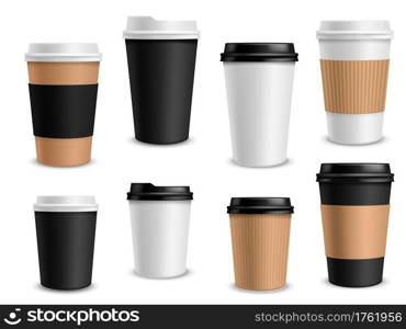 Coffee cups paper. Takeaway realistic cups white, black and brown container with lid for latte espresso or cappuccino drinks, morning aroma beverage in blank package and empty labels vector mockup set. Coffee cups paper. Takeaway realistic cups white, black and brown container for latte espresso or cappuccino drinks, morning aroma beverage in blank package and empty labels vector mockup set