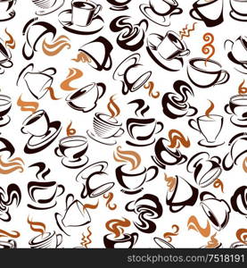 Coffee cups retro background of brown sketchy seamless pattern with mugs of fresh brewed coffee beverages decorated by whipped cream and swirling lines of steam. Food and drinks packaging design usage. Brown retro coffee beverages seamless pattern