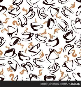Coffee cups seamless pattern for cafe or coffee shop design with brown cups of espresso or cappuccino coffee on white background. Brown coffee cups seamless pattern