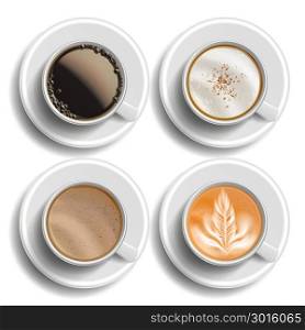 Coffee Cups Set Vector. Top View. Different Types. Coffee Menu. Hot Latte, Cappuchino, Americano, Raf Coffee. Fast Food Cup Beverage. White Mug. Realistic Isolated Illustration. Coffee Cups Set Vector. Top View. Different Types. Coffee Menu. Hot Latte, Cappuchino, Americano, Raf Coffee. Fast Food Cup Beverage. White Mug. Isolated Illustration