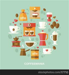 Coffee decorative icons flat set in circle shape vector illustration