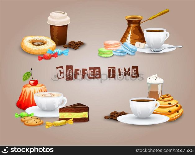 Coffee decorative icons set with drink and sweet desserts isolated vector illustration. Coffee Decorative Icons Set