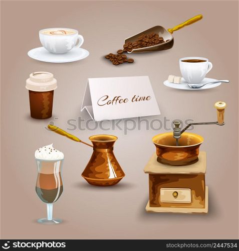 Coffee decorative icons set with retro grinder turk beans isolated vector illustration. Coffee Icons Set