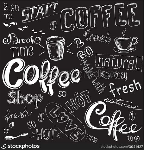 Coffee doodle background. Coffee doodle background, hand drawn on black,vector illustration. Coffee doodle background