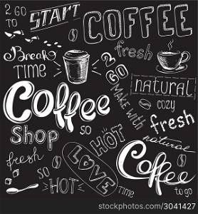 Coffee doodle background. Coffee doodle background, hand drawn on black,vector illustration. Coffee doodle background