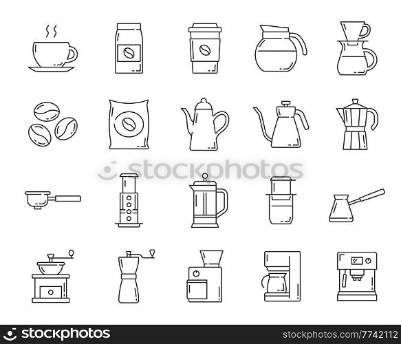 Coffee drink accessories outline icons. Drip and espresso coffee machine, steaming cup and beans bag, grinder, cezve and moka, filter coffee, hot mug, French and American press line vector pictogram. Coffee drinking accessories thin line vector icons