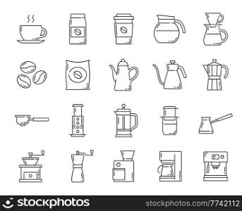 Coffee drink accessories outline icons. Drip and espresso coffee machine, steaming cup and beans bag, grinder, cezve and moka, filter coffee, hot mug, French and American press line vector pictogram. Coffee drinking accessories thin line vector icons