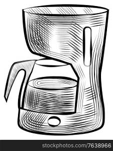 Coffee drink boiling in kettle isolated monochrome icon. Vector java shop equipment, sketch of electronic device with arabic beverage, brewing espresso or cappuccino. Coffee Drink Boiling in Kettle Isolated Machine