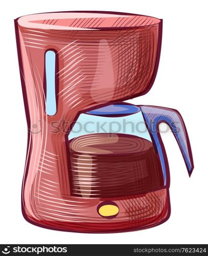 Coffee drink boiling in kettle, java shop equipment. Sketch of electronic glass with arabic beverage, cafe object, brewing espresso or cappuccino vector. Boiling Coffee in Kettle, Hot Java Drink Vector