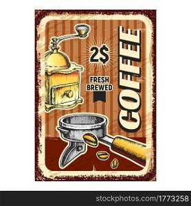 Coffee Drink Prepare Tool Advertise Banner Vector. Coffee Machine Filter Part With Press And Grinder Tool On Promo Poster. Concept Template Hand Drawn In Vintage Style Colored Illustration. Coffee Drink Prepare Tool Advertise Banner Vector