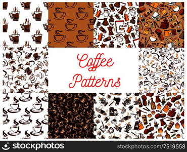 Coffee drink seamless patterns set with brown coffee cup, pot, cake, chocolate and cupcake. Food and beverage packaging design. Coffee drink with dessert seamless patterns set