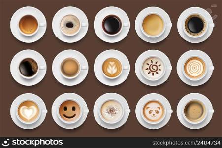 Coffee drinks. Espresso foam top view cappuccino americano different drinks decent vector isolated realistic illustrations set. Cappuccino and espresso, coffee drink cup, mocha and caffeine. Coffee drinks. Espresso foam top view cappuccino americano different drinks decent vector isolated realistic illustrations set